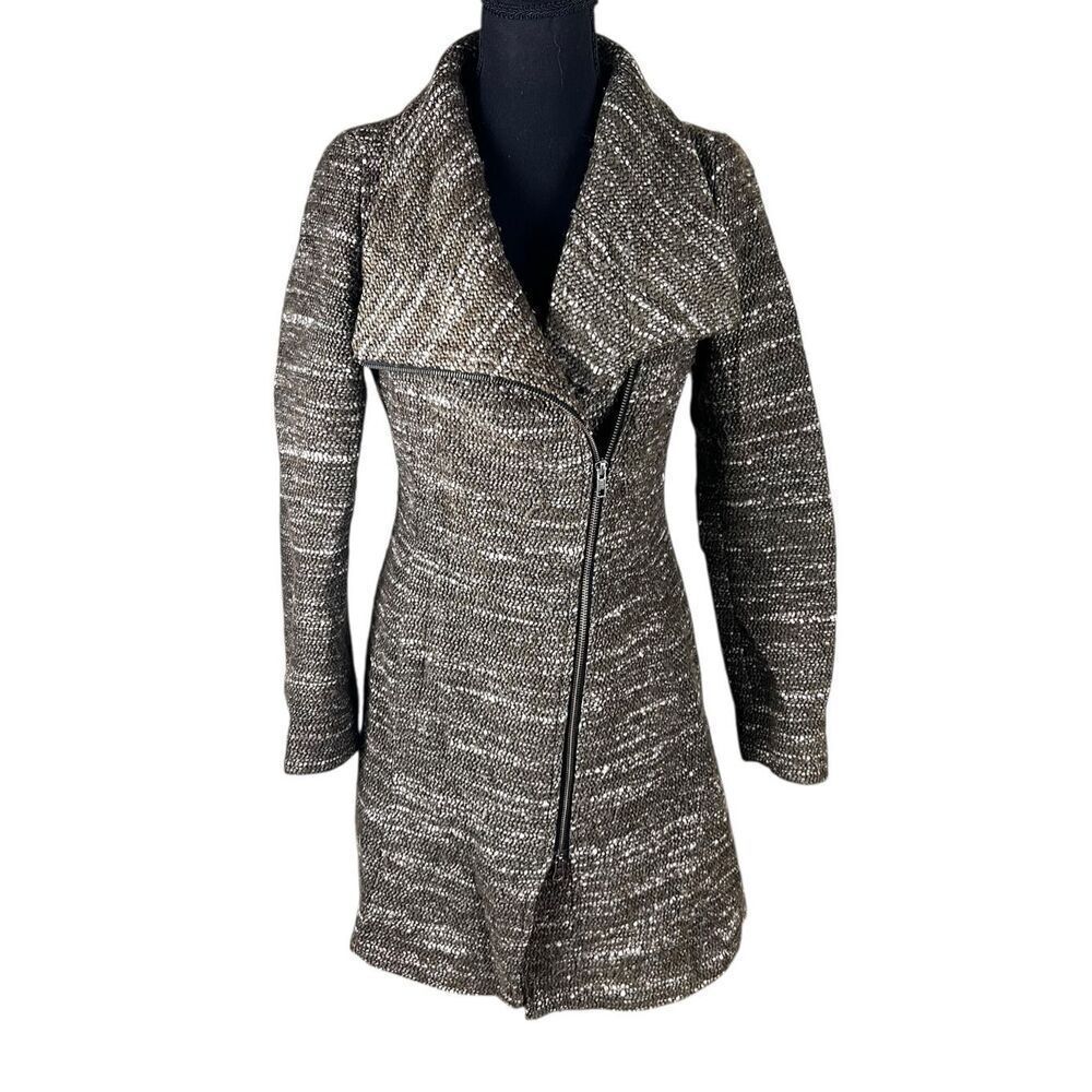 SOIA & KYO XS Heather Green Tweed Coat Wool Blend Full Zip Asymmetrical jacket